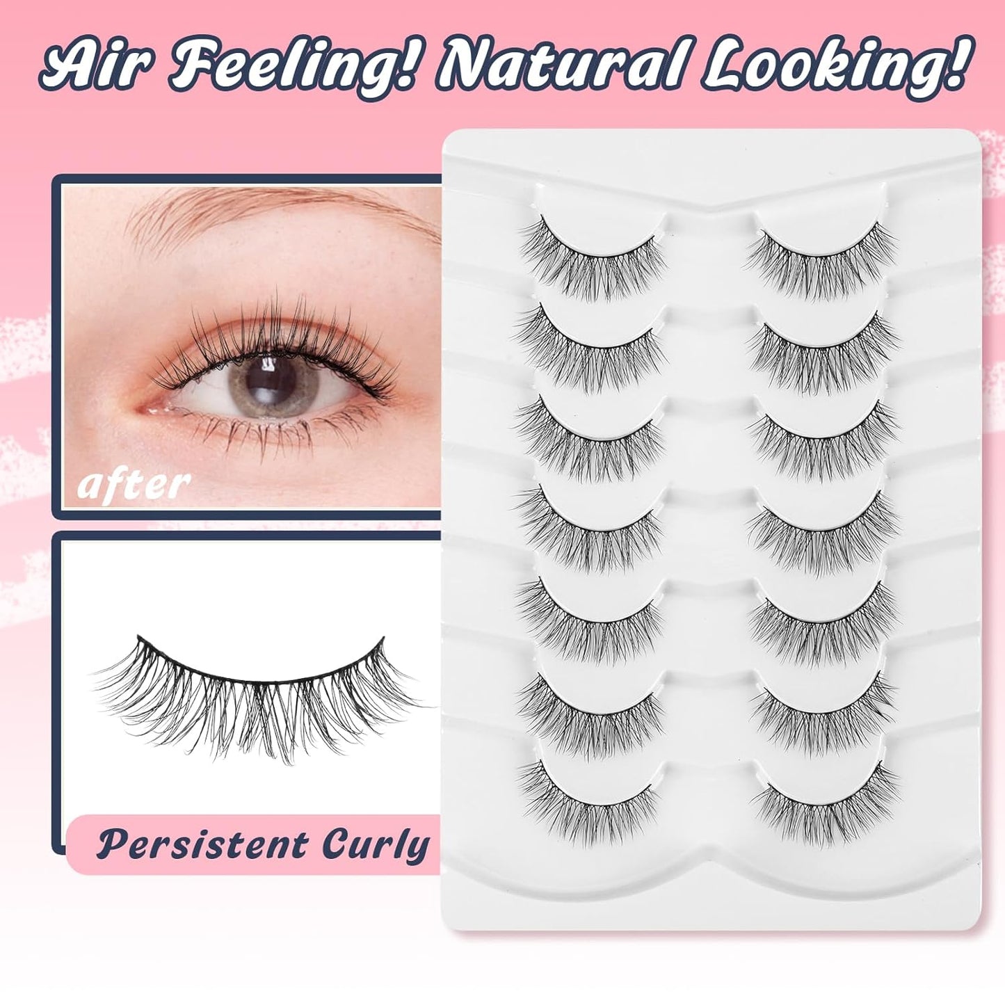 Eyelashes Short Natural Lashes Wispy Eyeashes Natural Look 10mm Strip Lashes False Eyelashes C Curl Eye Lashes Pack 0.1MM Thin Band 3D Volume Soft Eyelash Siligli Lash 7 Pair