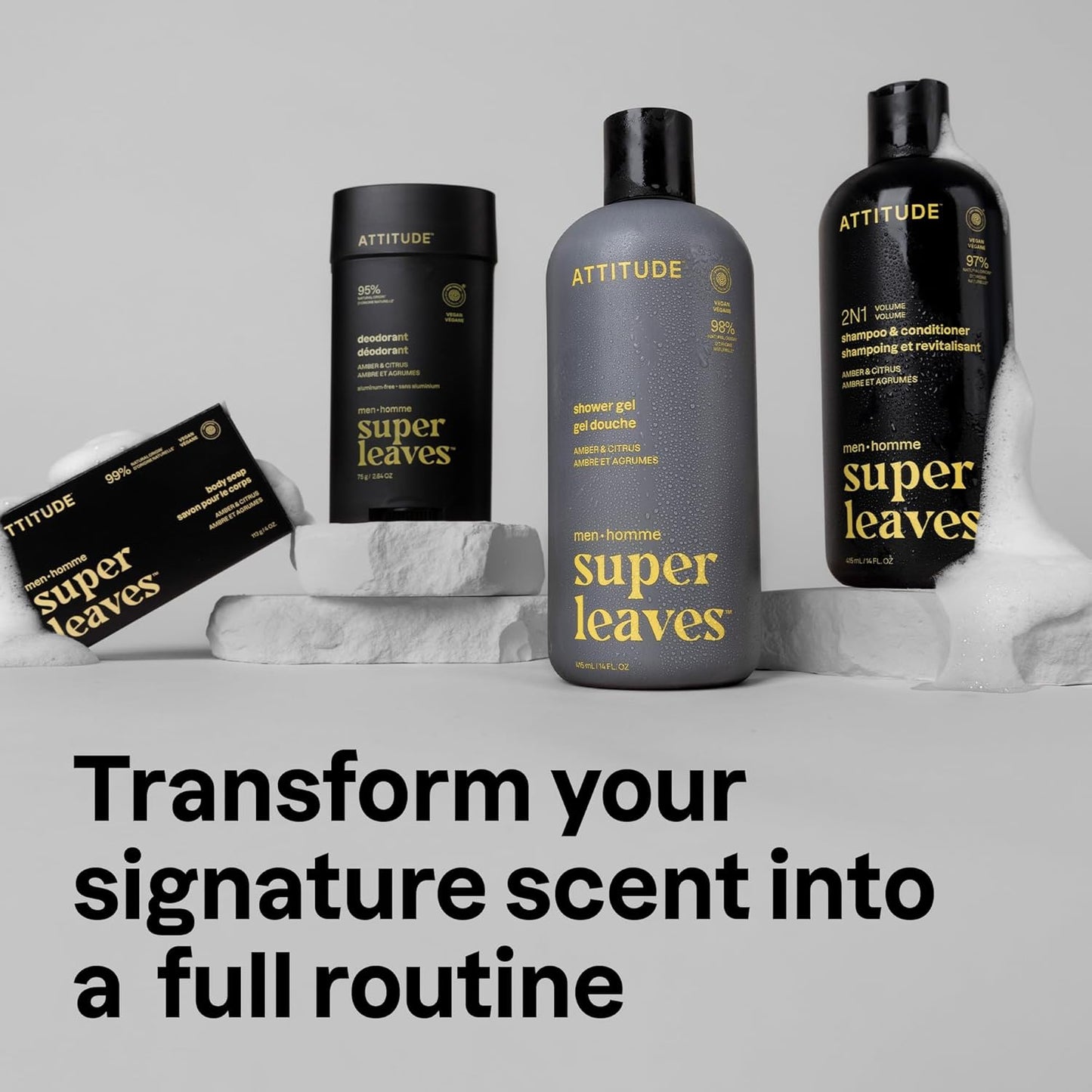 ATTITUDE Men's Shampoo and Conditioner 2-in-1, Volumizing for Thin Hair, With Rosemary and Rice Protein, 97% Natural Origin Ingredients, EWG Verified, Amber & Citrus, 14 Fl Oz