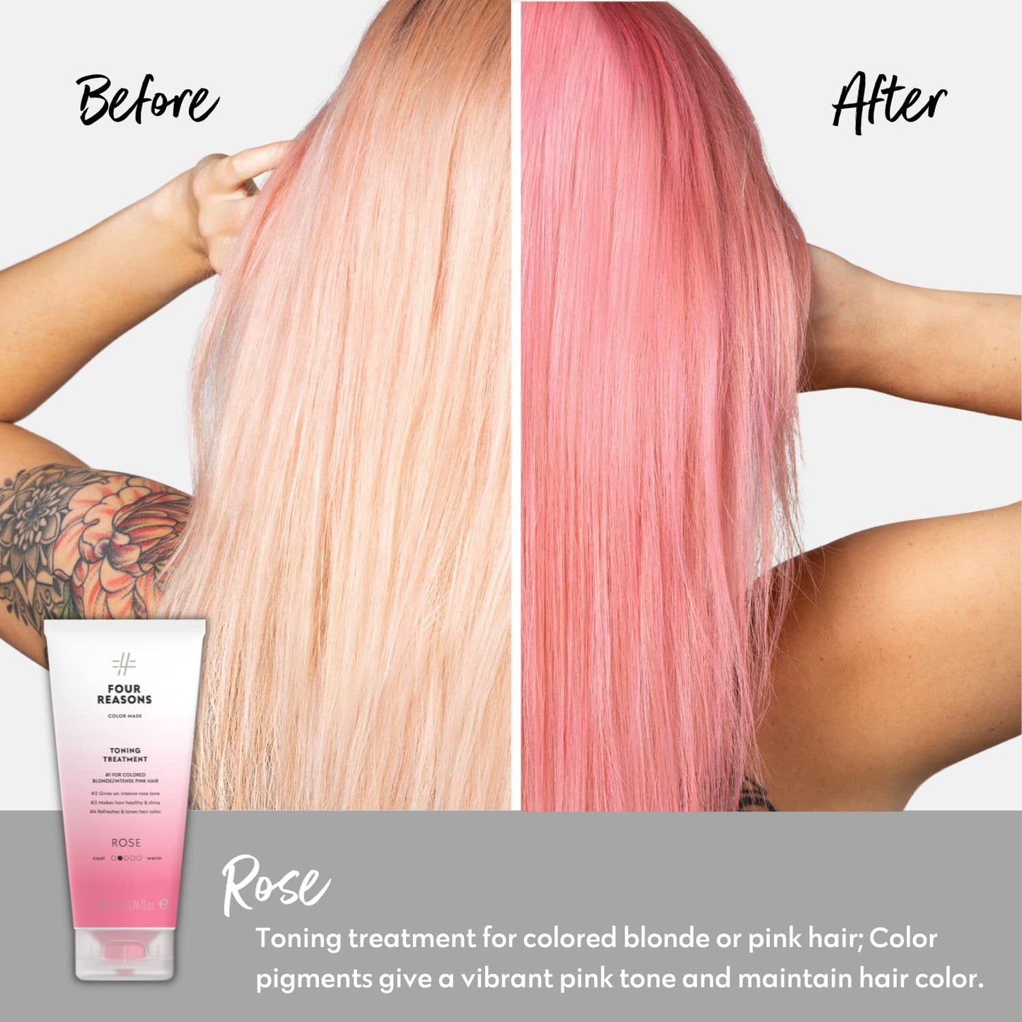 Four Reasons Color Mask - Rose Pink - (27 Colors) Toning Treatment, Color Depositing Conditioner, Tone & Enhance Color-Treated Hair - Semi Permanent Hair Dye, Vegan and Cruelty-Free, 6.76 fl oz