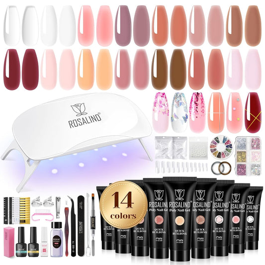 ROSALIND Poly Nail Gel Kit -14 Colors +72 Nail Art Accessories kit Clear Nude Poly Nails Gel Kit Starter Kit with Mini UV Lamp Slip Solution Basic Tools for Beginners with Everything