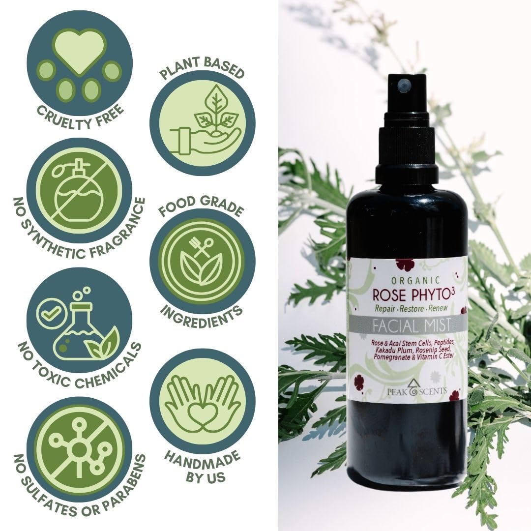 Organic & Vegan Rose Phyto³ Water Facial Spray - Moisturizing Face Mist & Setting Spray, Soothing, Hydrating Mist Rose Water For Face - Great for Facial Massaging (4 oz)