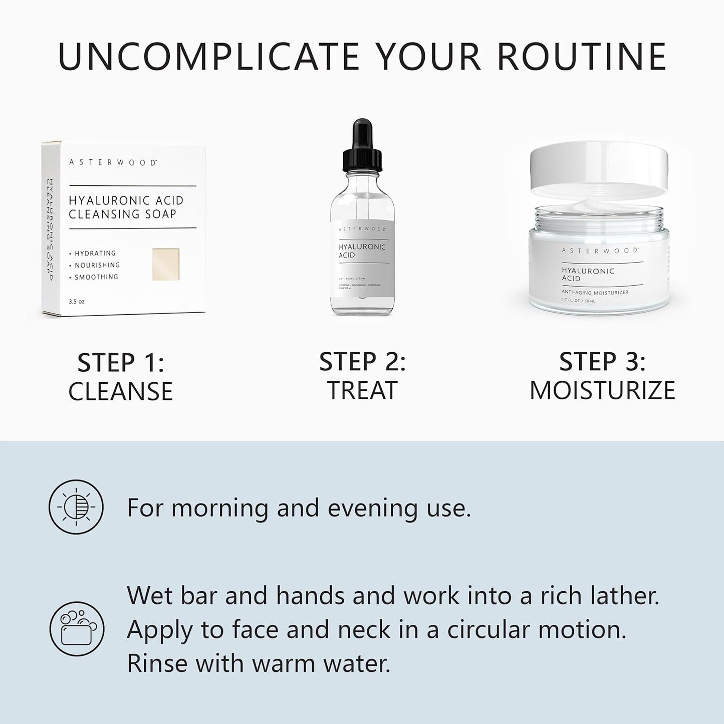 Asterwood Hyaluronic Acid Cleansing Face Soap - Collagen Boosting, Hydrating, Plumping, Soothing - Fragrance-Free - Suitable for Sensitive Skin - 3.5 Oz