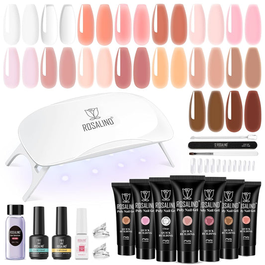 ROSALIND Poly Nail Gel Kit -16 Colors + White Brown Nail Art Accessories kit Clear Nude Poly Nails Gel Kit Starter Kit With Slip Solution Nude Pink Nail Extensions Gel Set with Mini UV Lamp