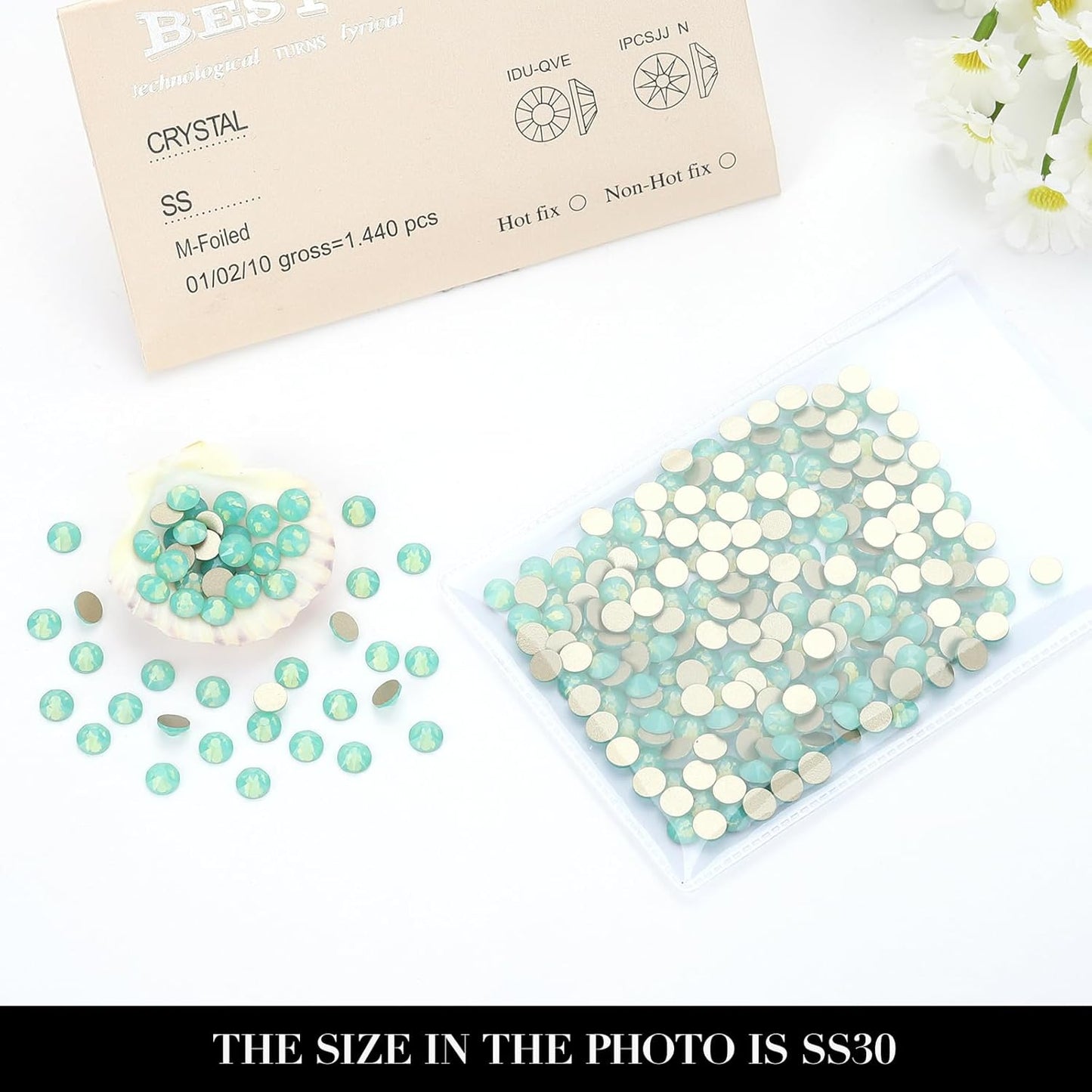 Novani Green Opal Rhinestones 288pcs Flat Back Round Rhinestone Style 2088 Sparkly Crystal Gemstones for Nail Art and Crafting SS30,6.4-6.6mm