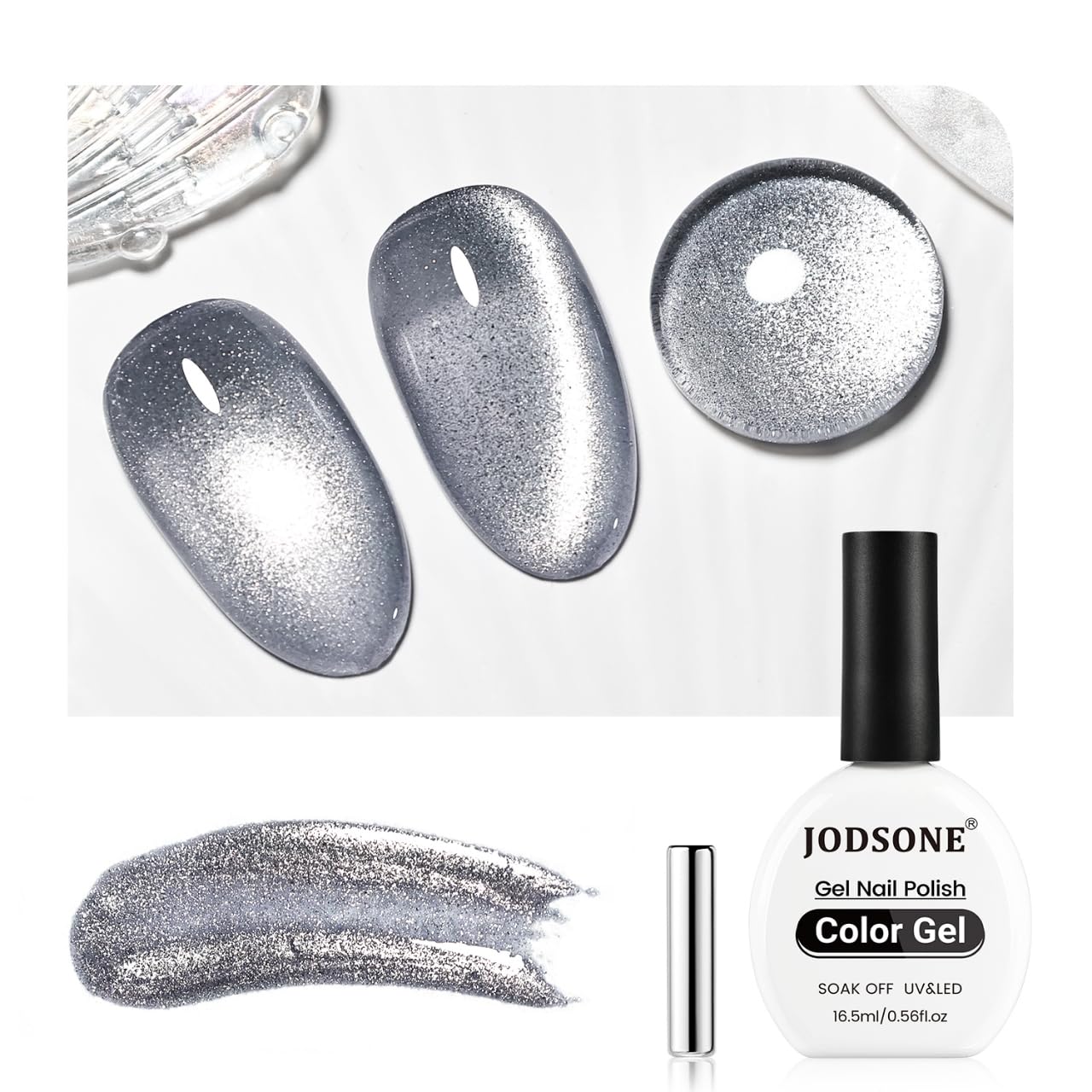 JODSONE 16.5ml Cat Eye Gel Nail Polish Silver for Holographic Glitter Cat Eye with Magnet Need U V Curing