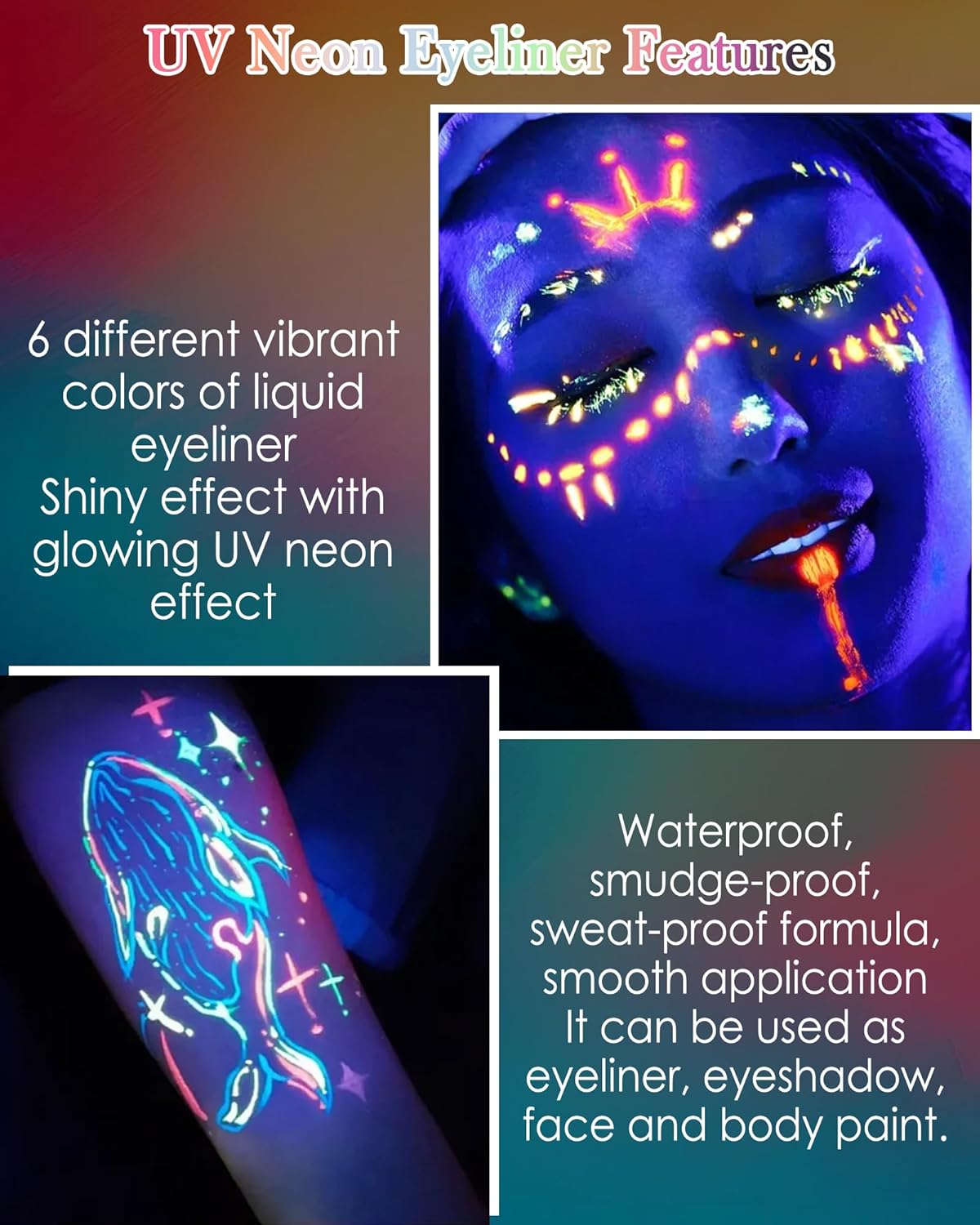 Glitter UV Neon Eyeliner Pencil, Waterproof Smudge-Proof Blue Eye Liner Liquid Pen, High-Pigment Shimmer Eyeliner Pen Long-Lasting Colorful Professional Makeup, Halloween Rave Party Gift for Women-03