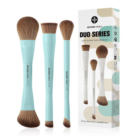 EIGSHOW Makeup Brush Set, 3Pcs Dual Ended Face Makeup Brushes for Foundation Powder Contour Highlight Concealer Nose Shadow, Travel Gift Set (Cyan)