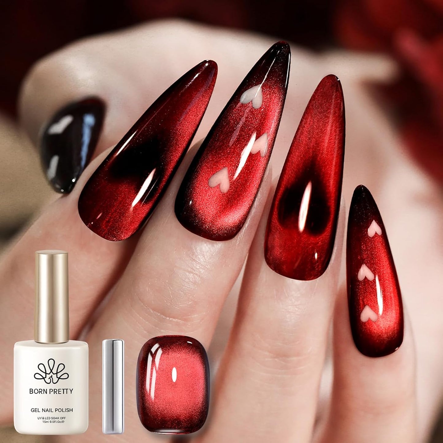 Born Pretty Red Cat Magnetic Gel Nail Polish, Black Red Glass Gel Polish Halloween Cat Magnetic Nail Polish Nail Art Manicure Salon DIY at Home 15ML