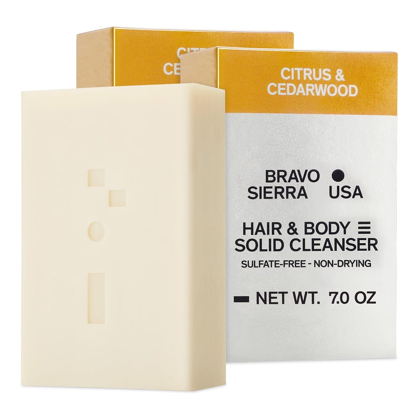 Bravo Sierra Body and Hair Mens Soap Bar, 2-Pack - All-In-One Shampoo & Soap for Face, Hair & Body - Citrus & Cedarwood, 7 oz - Coconut, Shea Butter & Oat Flour for Soft Skin & Healthy Hair