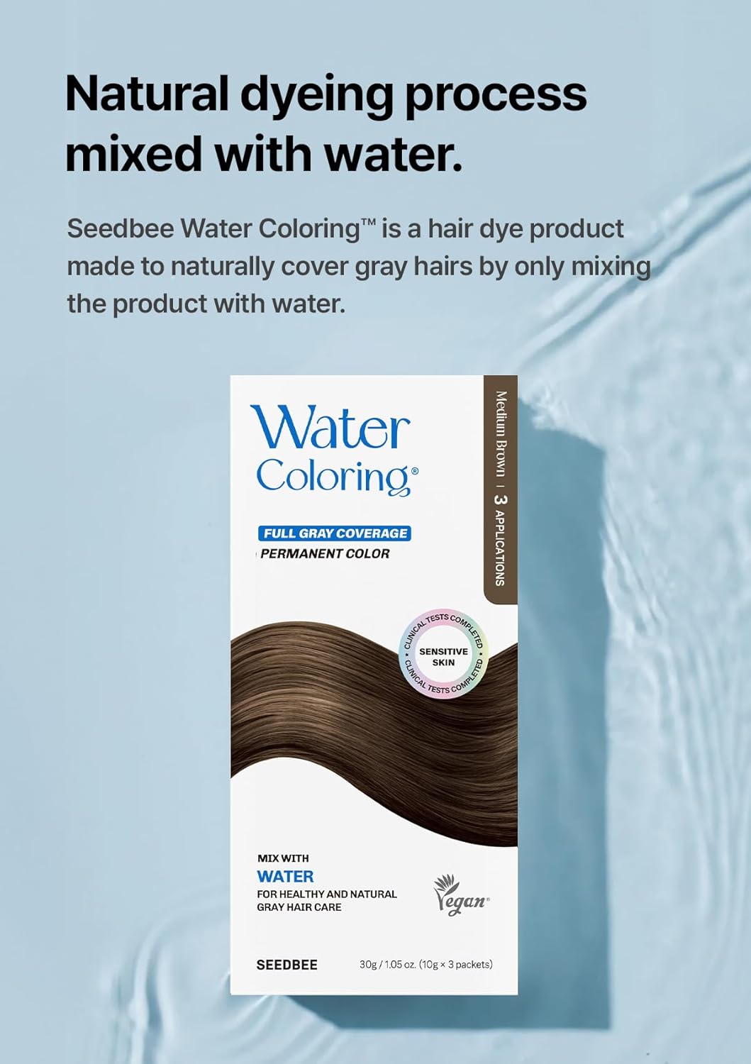 Korean Water Coloring for Gray Hair Coverage Dye, Medium Brown, 3 Packets, Quick & Natural Hair Tint, Vegan & Cruelty-Free Gray Cover, For All Hair Types, 30g (1.05 oz)