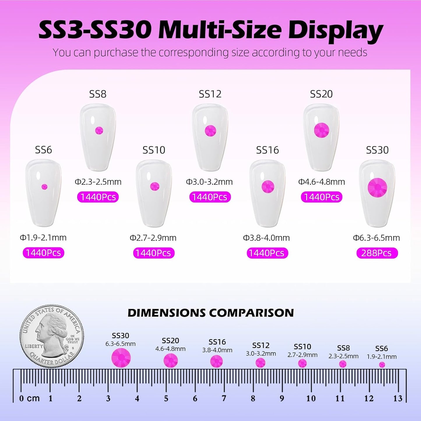 Neon Purple Flatback Rhinestones, Glass Rhinestones for Nail Art and Craft, Glue Fix, Loose Crystal Gemstones(Neon Purple, SS10, 1440pcs, 2.7-2.8mm)