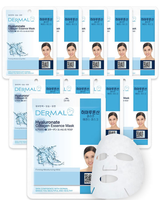 DERMAL Hyaluronate Collagen Essence Facial Mask Sheet 23g Pack of 10 - Hydro Boost Moisturizing for Dry Skin, Smoothing Fine Lines Wrinkles, Daily Skin Treatment Solution Sheet Mask