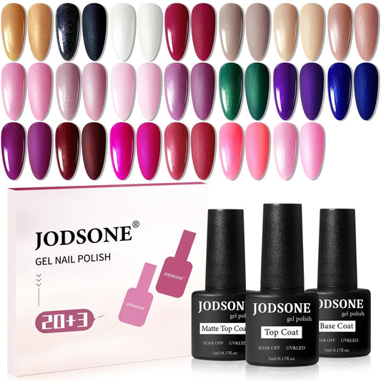 JODSONE 20 Glitter Color Gel Nail Polish Kit 3 Bottles of No Wipe Base Coat Glossy and Matte Top Coat Gel Polish Set High Shine Gorgeous
