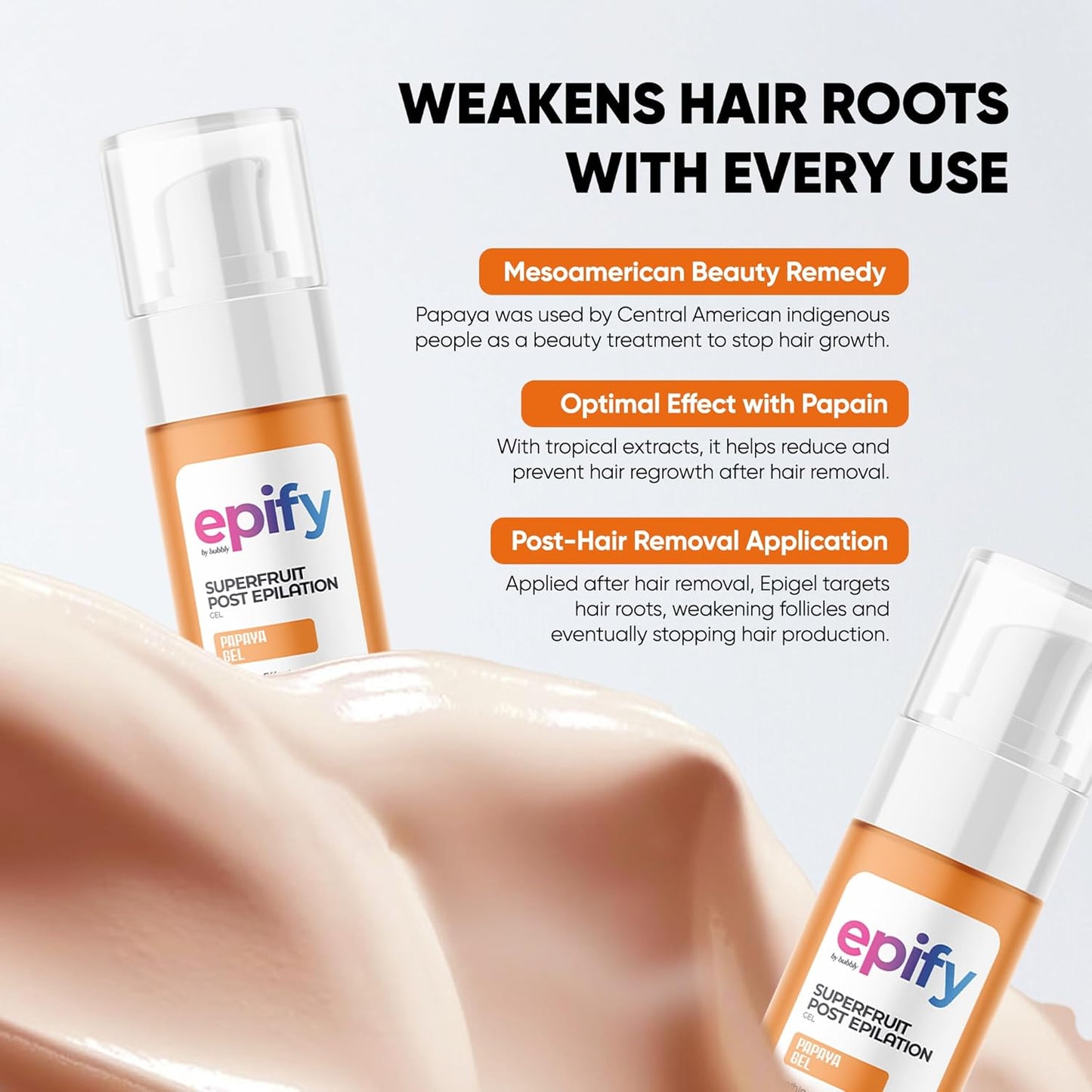 Epify Superfruit Post Epilation Papaya Gel, Hair Inhibitor for Face and Body, Non-Irritating Formula, Soothing Effect, Hair Growth Minimizer, 2.54 Fl Oz (1)