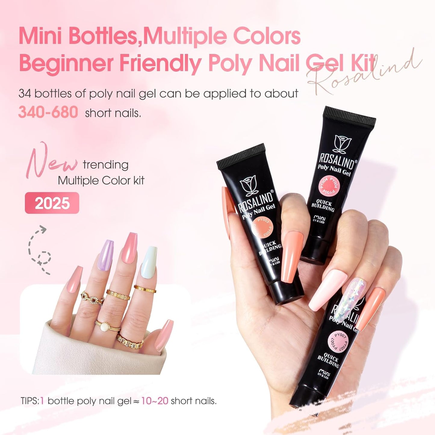 ROSALIND Poly Nail Gel Kit -34 Colors + White Brown Accessories Clear Nude Poly Nails Gel Starter Kit with Mini UV Lamp Slip Solution Nude Pink Extensions Set