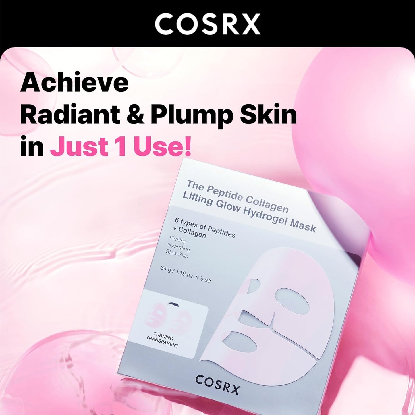 COSRX The Peptide Collagen Lifting Glow Hydrogel Face Masks Skincare 3 EA, Collagen Face Mask, Travel Essentials, Overnight Face Mask, Korean SkinCare