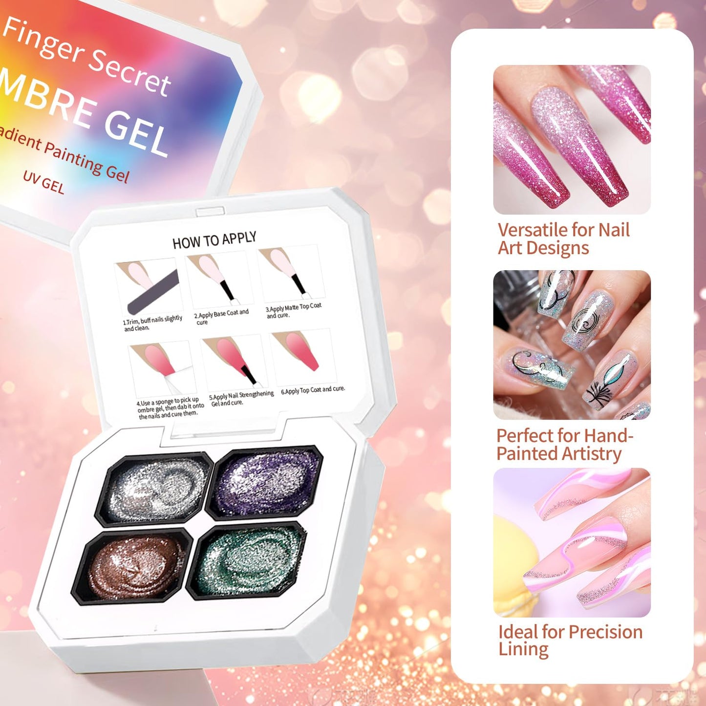 Finger Secret 4 Colors Set Ombre Gel Nail Polish,GelS Polish Palette with 20Pcs Nail Sponges for 3d Gel Nail Art can be Painted in Salon or Home Use (k8)
