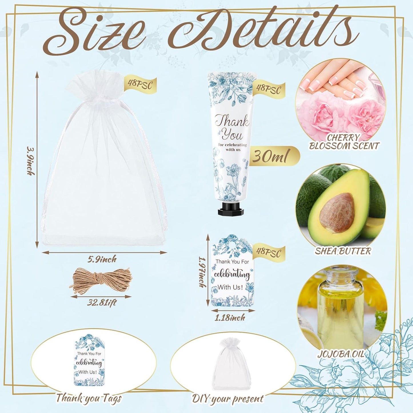 48 Sets Baby Shower Hand Cream Party Favors for Guests Gift Bulk Travel Size Hand Lotion Set for Baby Shower Wedding Christmas(Blue Flower)