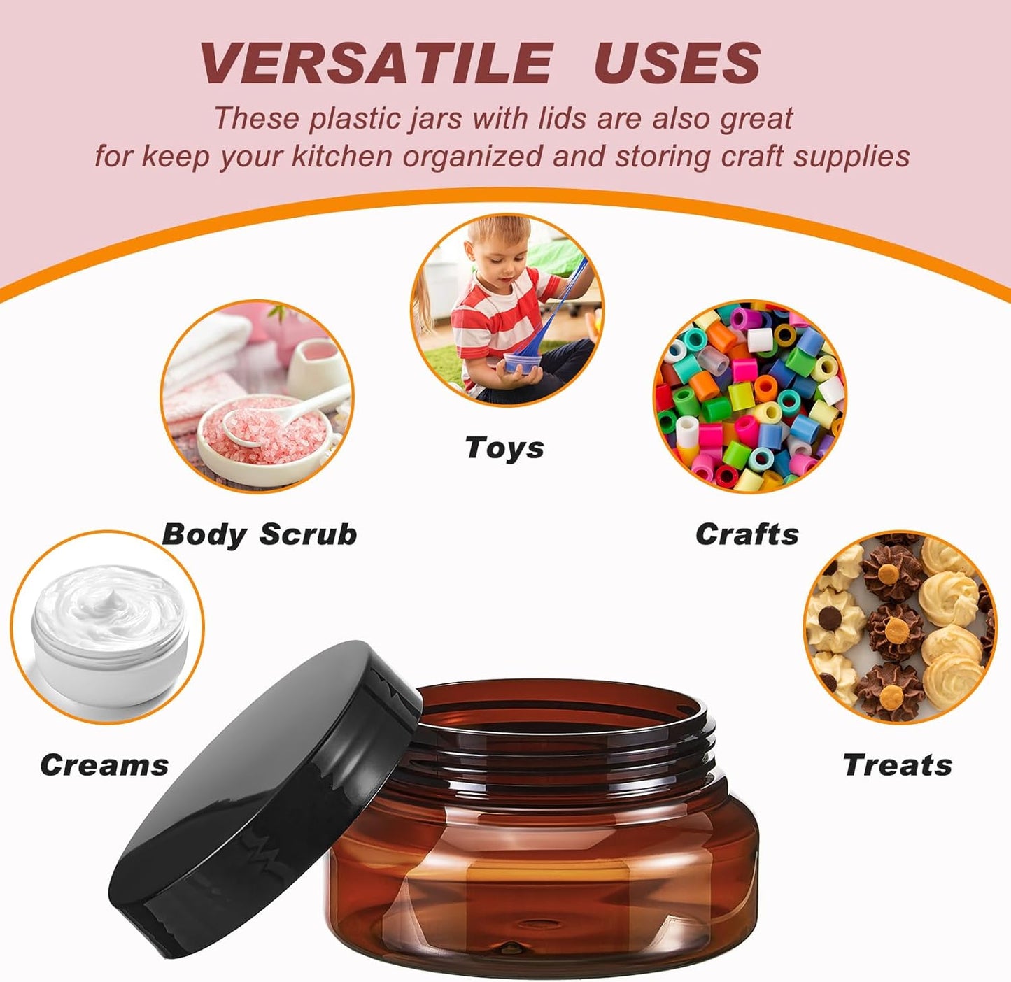 Tessco 24 Pack Plastic Jars with Lids Labels Empty Clear Plastic Jars Round Refillable Cosmetic Containers Body Butter Containers Bulk Sugar Scrub Bottle for Make Up(5 oz,Brown)