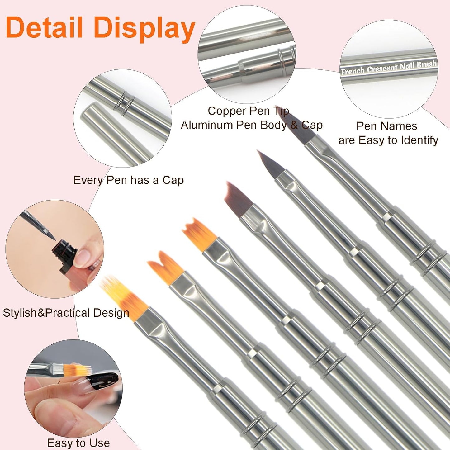 MYR 6Pcs Nail Art Brushes and 2Pcs Nano Nail Files, Metal Nail Art Tools, Acrylic Nail Brushes, Nail Design Tools, suitable for Personalized Nail Art Designs such as Flowers and Irregular Patterns