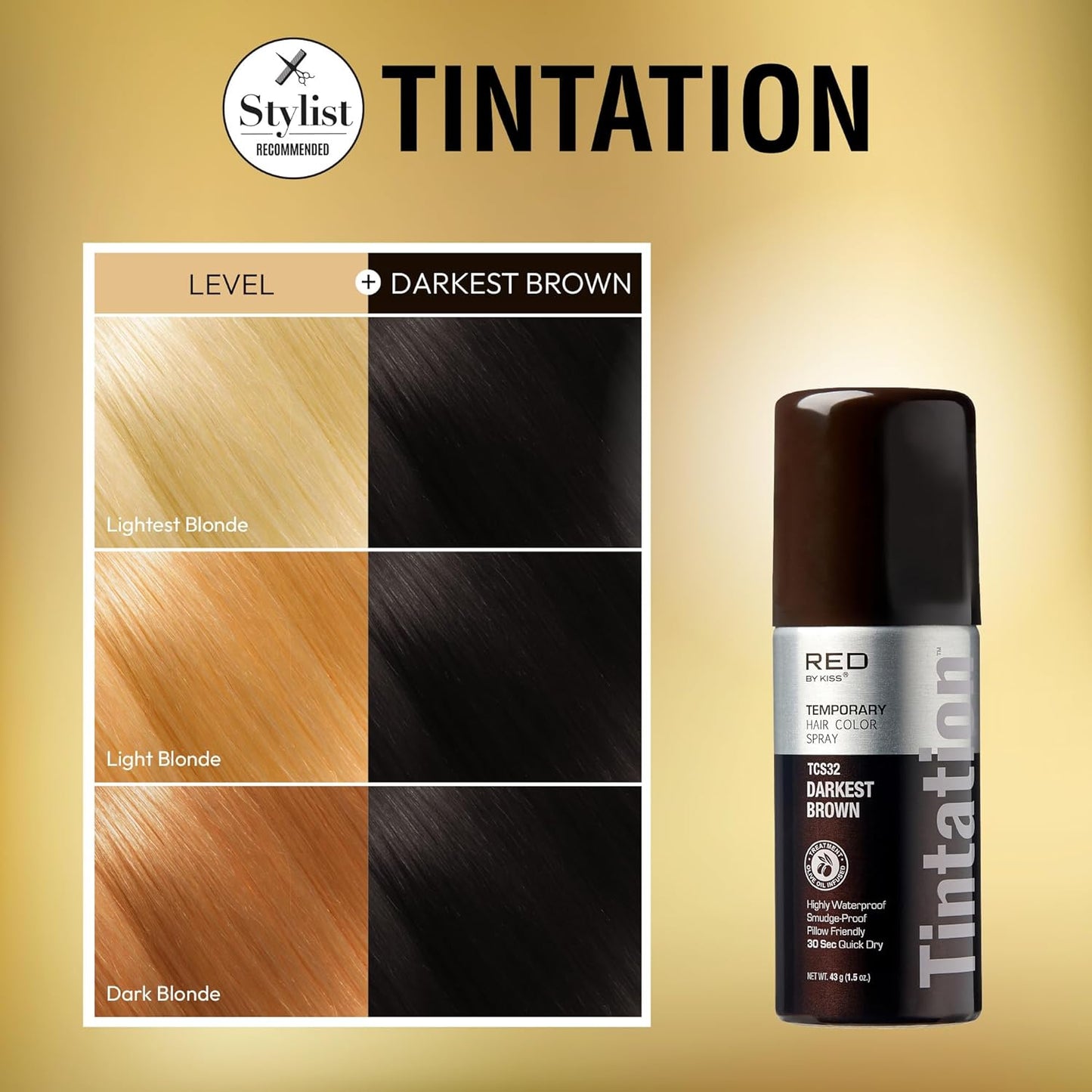 RED by Kiss 1.5OZ. Tintation Temporary Hair Color Spray, Instant Gray Root Cover Up, Water-Resistant, Smudge-Proof, Hairline & Barber Touch-Up, Quick Dry, Travel Size Spray (Darkest Brown)