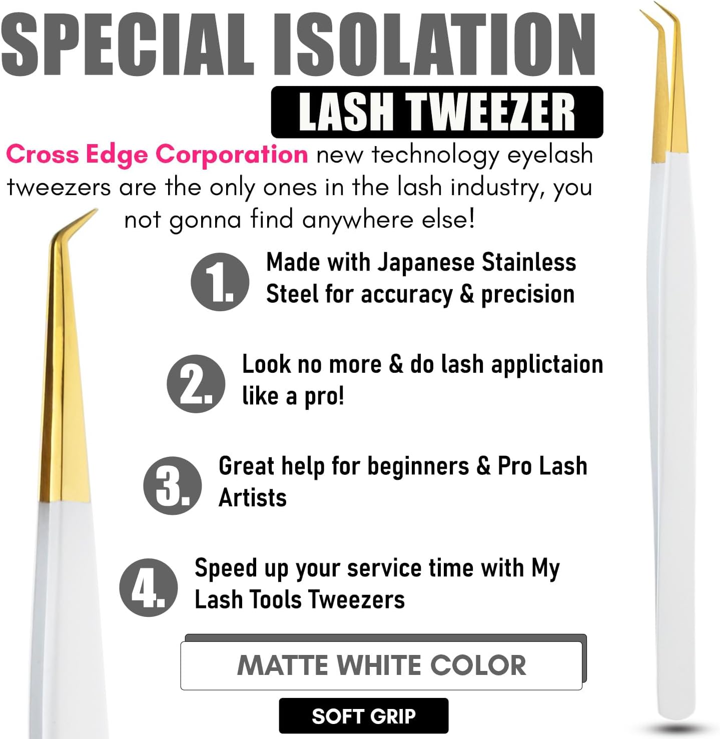 My Lash Tools Eyelash Extension Curved Degree Tweezers for Isolation Lash Extensions 14cm Best for Individual Isolation & Classic Lashes Japanese Stainless Steel Eyelash Twisers (Matte White Gold Tip)