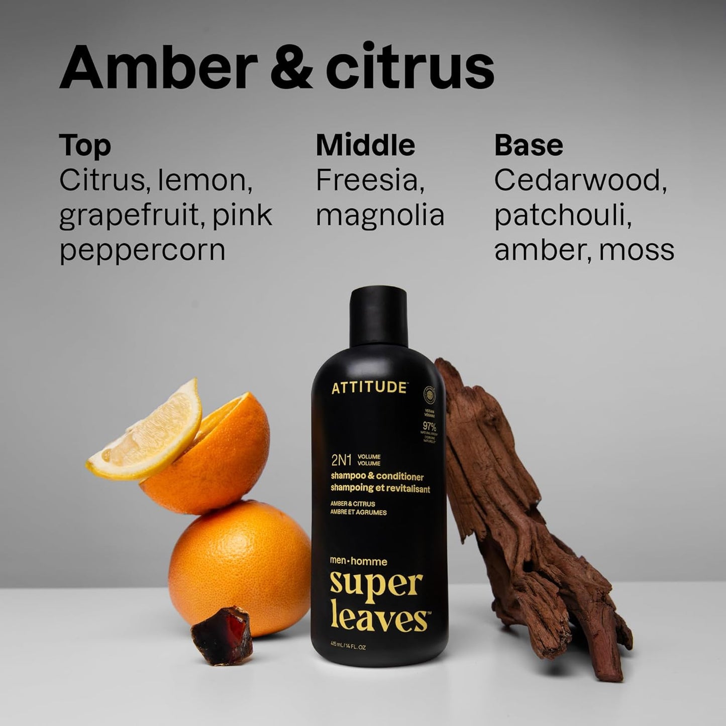 ATTITUDE Men's Shampoo and Conditioner 2-in-1, Volumizing for Thin Hair, With Rosemary and Rice Protein, 97% Natural Origin Ingredients, EWG Verified, Amber & Citrus, 14 Fl Oz