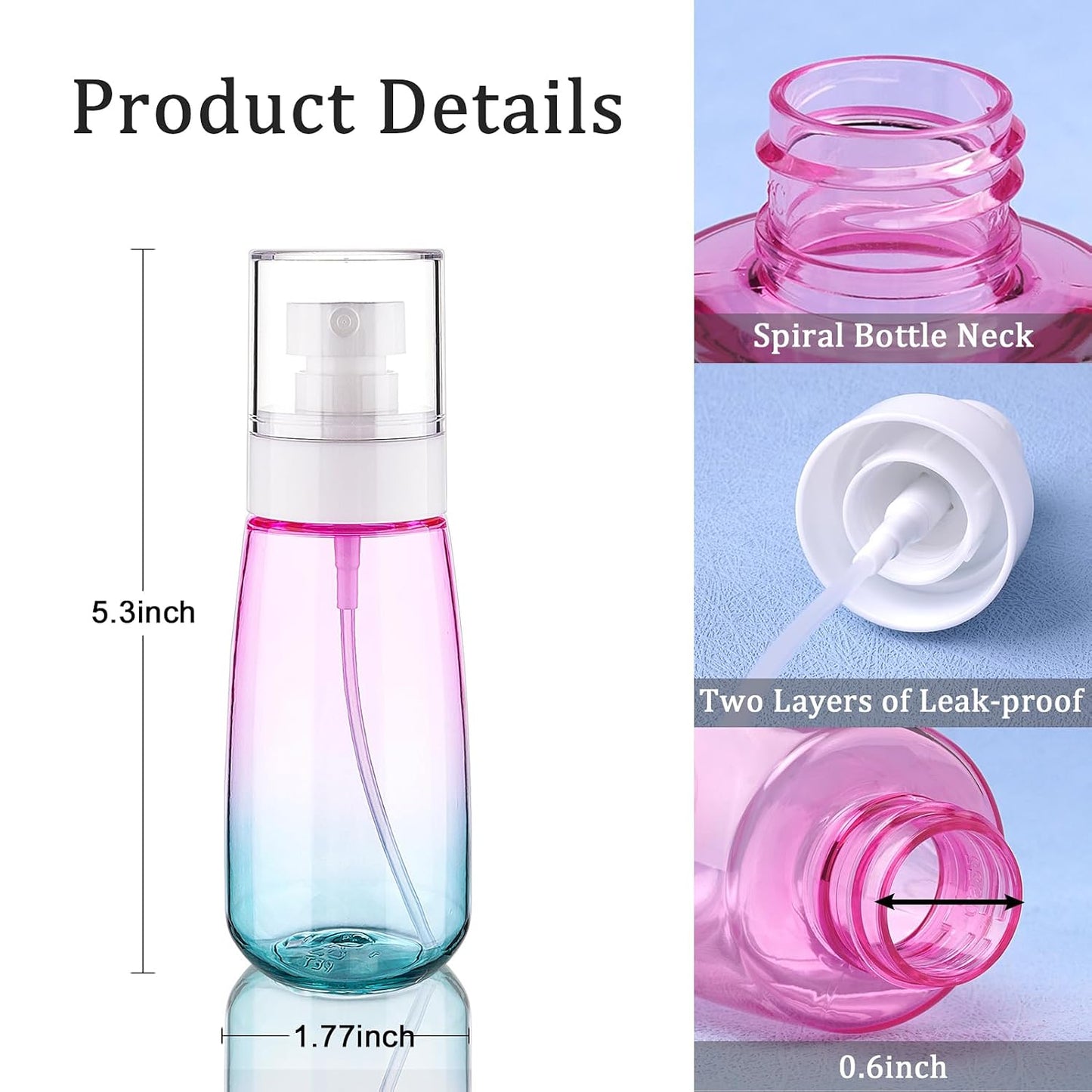 Cosywell Fine Mist Spray Bottles TSA Approved 3.4oz 100ml 3 Pack Leak Proof Travel Spray Bottle Empty Small Spray Bottles for Perfume Essential Oils Toners Rose Water Cosmetics (3Gradient Pink Blue)