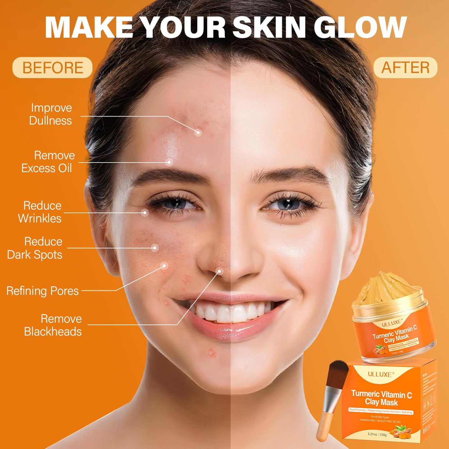 Turmeric Vitamin C Clay Mask for Dark Spots, Dull Skin, Moisturizing, Skincare Facial Mask for Blackheads and Pores Cleansing, Improve Uneven Skin Tone, Face Skincare Gift, 5.29 oz