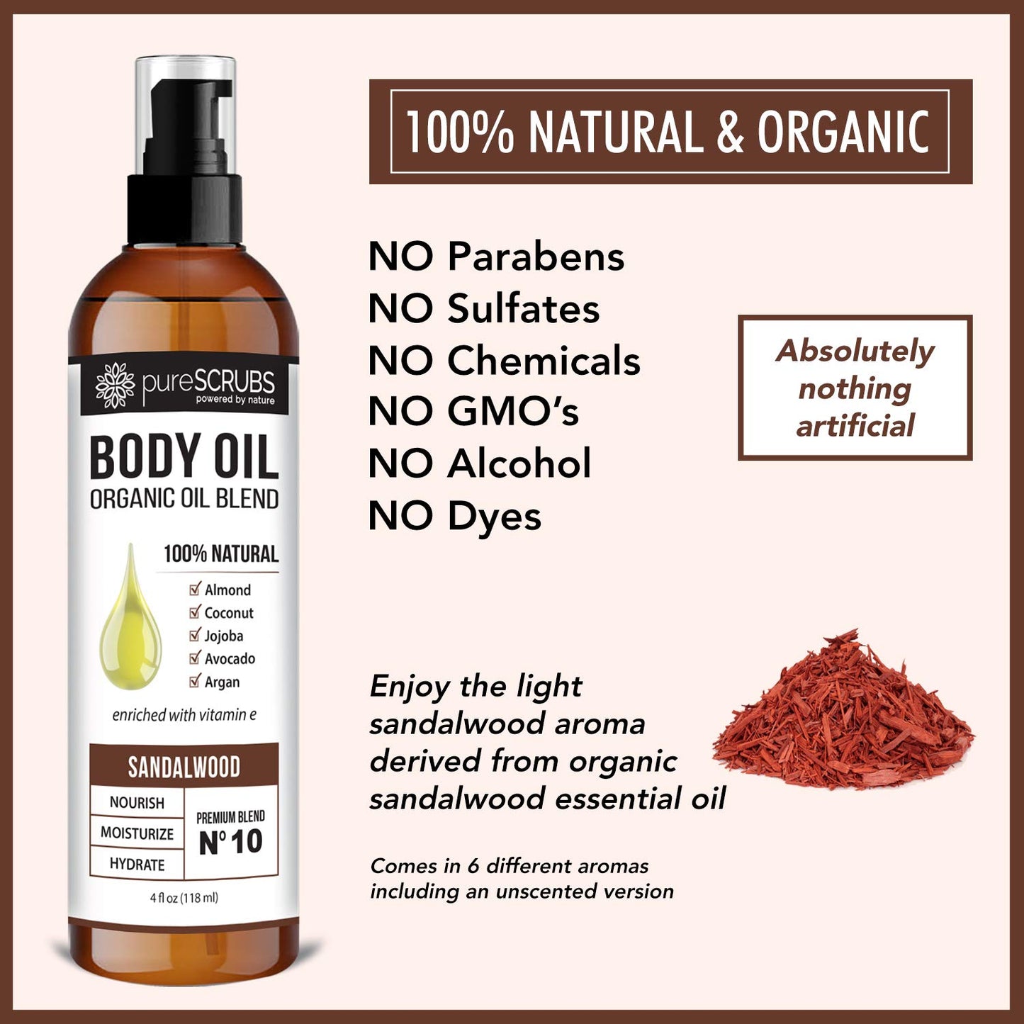 pureSCRUBS Ultra Moisturizing Sandalwood Body Oil Spray For Dry Skin, Massage, Cuticles & More, Organic Blend of Jojoba, Argan, Coconut, Sweet Almond & Avocado Oils Enriched with Vitamin E, Lg 4oz