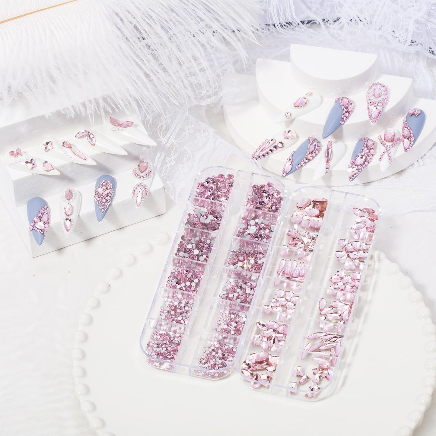 Nail Rhinestones - 3D Multi Shape Size, Flat Back, Manicure Rhinestones Charms, Crystal Pink Gems, with Kit, for Nail Art, Bedazzling Acrylic Nails, DIY Decor