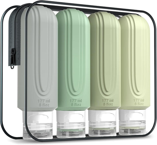 Travel Bottles for Toiletries, Large 6oz Oversize Containers, BPA Free Leak Proof Tubs Refillable Liquid Traveler Accessories with Toiletry Bag for Cometic Shampoo and Lotion Soap (4 Pack)