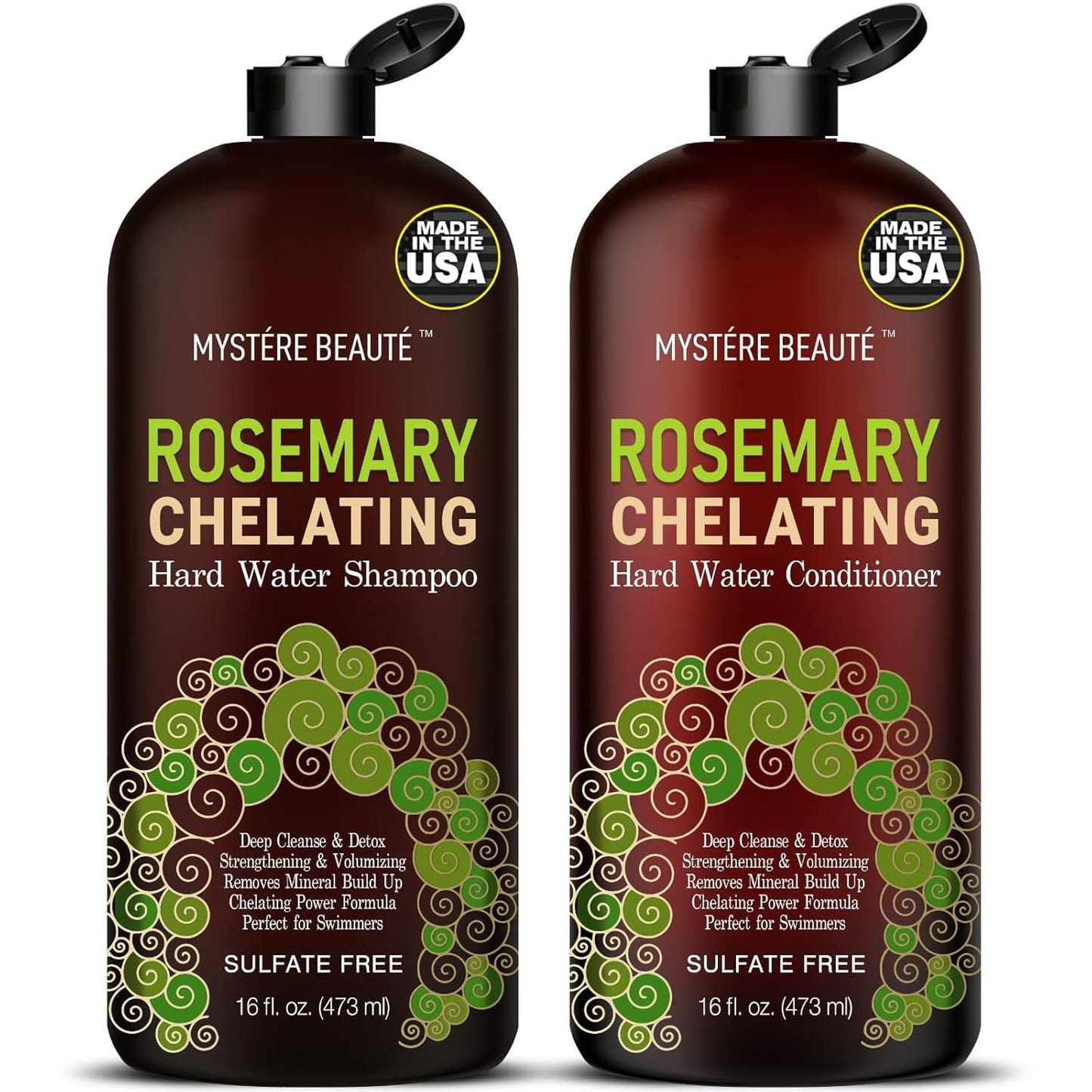 MYSTÈRE BEAUTÉ Rosemary Chelating Shampoo and Conditioner Set – Sulfate Free Hard Water Hair Care with Biotin, Keratin & Tea Tree – Clarifying & Strengthening Duo for Hair Growth – 16 oz Each