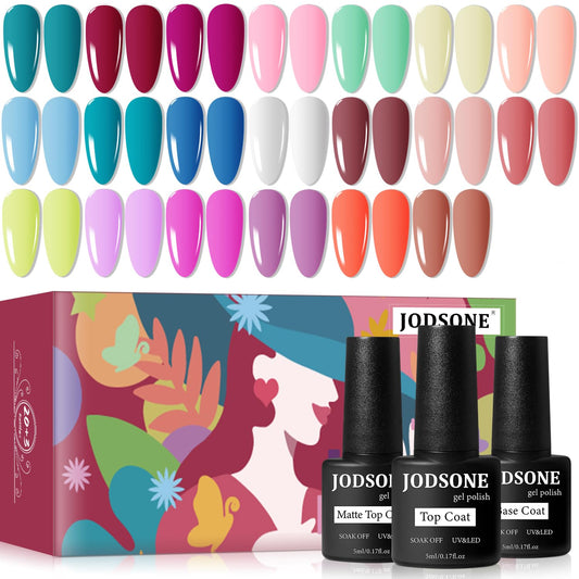 JODSONE 23 PCS Gel Polish Kit Colorful Fashion Classic Nail Gel Set 3 Bottles of Base Coat Matte and Glossy Top Coat
