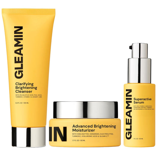 Gleamin Daily Brightening Ritual Set – Cleanser, Serum & Moisturizer for Dark Spots, Uneven Tone & Glowing Skin – Complete Vitamin C Skincare Routine