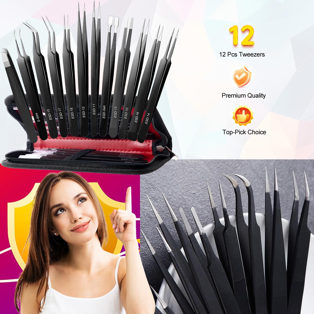 Antonki 12 Pack Precision Tweezers Set for Craft, Soldering, Jewelry, Facial Hair, Eyebrow, Ingrown Hair Removal, Eyelash Extension- with Case