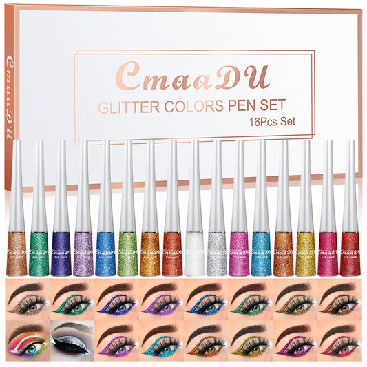 evpct 16 Color Liquid Glitter Eyeliner Sets Eyeliner Glitter Liquid Liners for Women White Silver Rose Gold Pink Sparkly Sparkle Shimmer Eyeliners delineador con glitter de colores para ojos colores