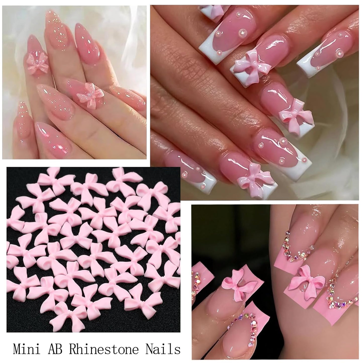 Nail Art Rhinestones Pink Bows Nail Charms Resin Clear Jelly Rhinestones Pearls Glitter Supplies Crystal Gems Mimi Diamond Accessories for Women Manicure Decorations Design