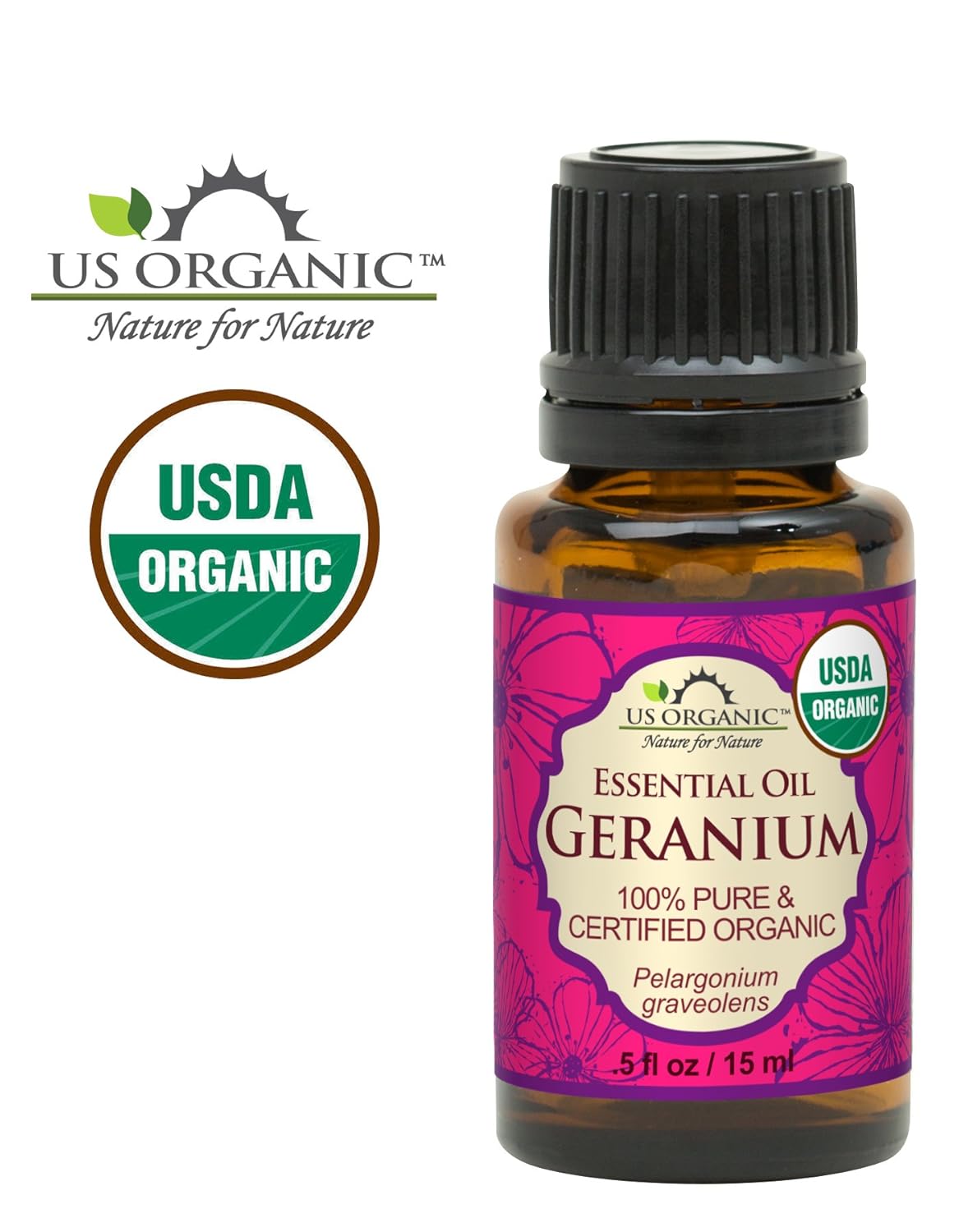 US Organic 100% Pure Geranium Essential Oil - USDA Certified Organic, Steam Distilled - W/Euro droppers (More Size Variations Available) (15 ml / .5 fl oz)