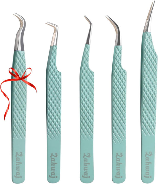 Lash Tweezers - Set of 5 Diamond Grip Eyelash Tweezers - Stainless Steel Professional Fiber Tip Lash Tweezer for Eyelash Extensions (Light Green)