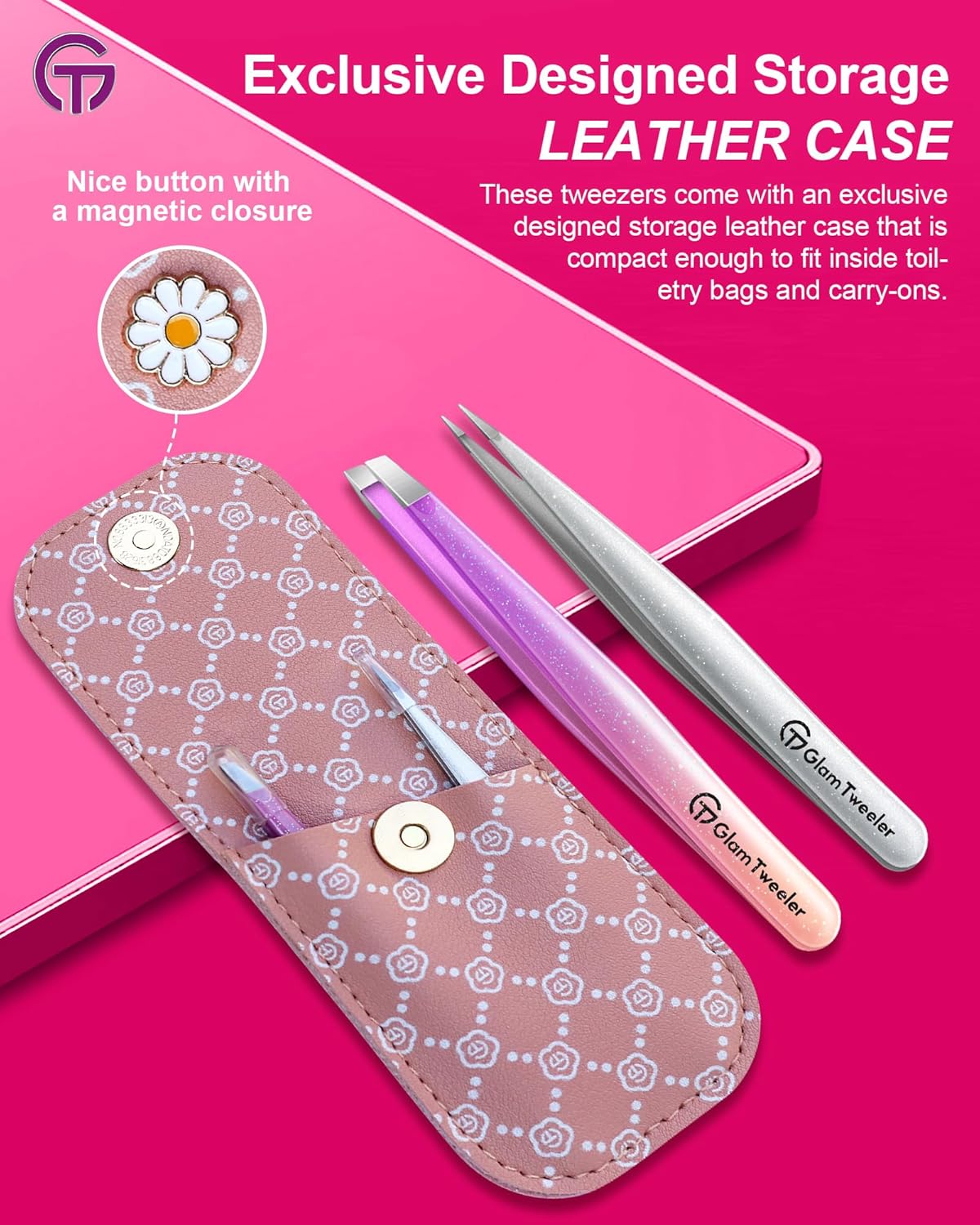 Expert Slant and Point Tip Tweezer Set with Exclusive Storage & Carrying Case, GlamTweeler Sharp & Precision Tweezer Set for Eyebrows, Facial Hairs and Fine Hairs Removal (Sparkle Violet + Silver)