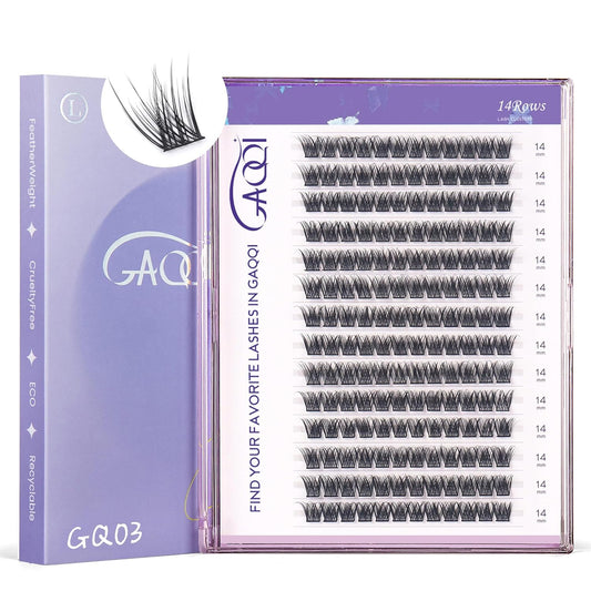 GAQQI Lash Clusters, GQ03 False Eyelashes DIY Lash Extensions D Curl 168PCS Cluster Lashes 14MM, Wispy and Natural Look (GQ03,14mm,D Curl)
