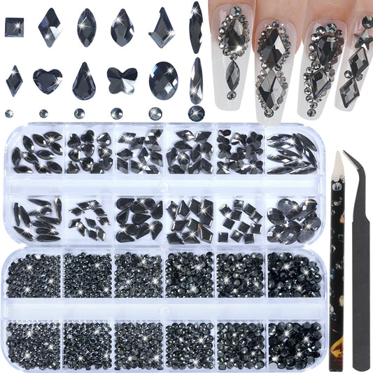 Nail Rhinestones - 3D Multi Shape Size, Flat Back, Crystals Manicure Rhinestones Charms, Transparent Gray Nail Gems, with Kit, for Nail Art, Bedazzling Acrylic Nails, DIY Decor