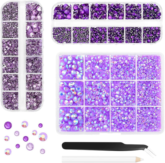 Morcheiong 17000Pcs Resin Rhinestones Purple Flatback Crystals Diamond Includes Tweezers and Pickup Pen Suitable for Crafting DIY Nail Art Makeup Wedding Dress Clothing Mug