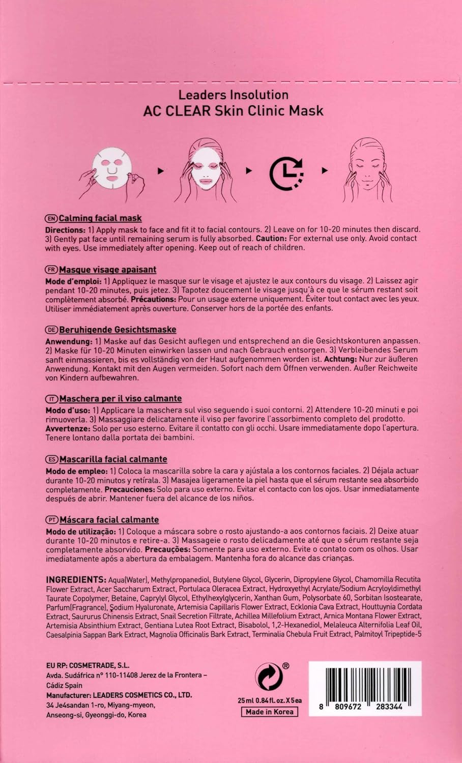 Leaders Insolution AC Clear Skin Clinic Mask | Snail Secretion & Tea Tree Oil for Acne, Redness, Oil Control | 100% Cotton Bemliese Sheet | Balances & Soothes Sensitive Skin (10 Sheets)