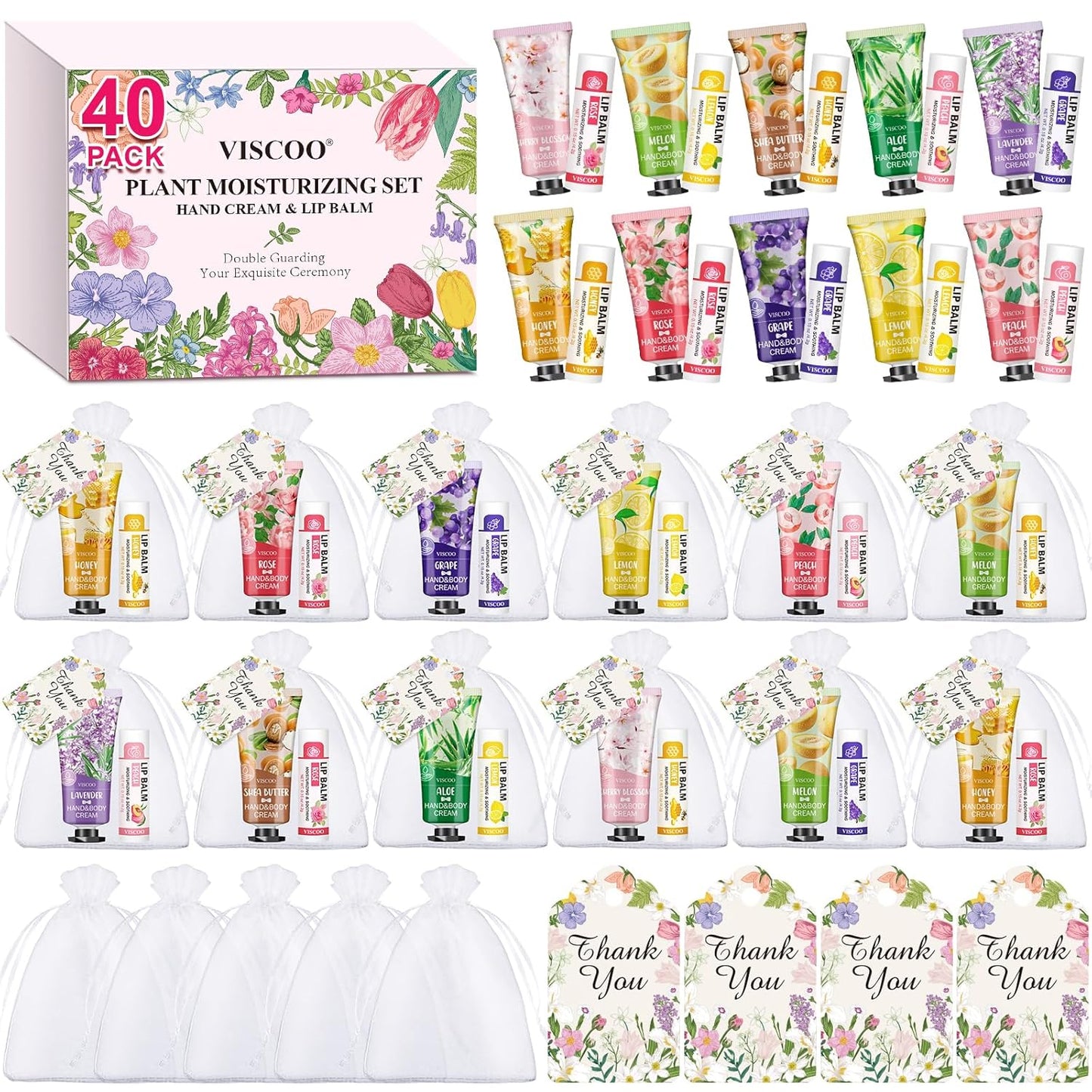 40 Sets Hand Cream Bulk and Lip Balm Bulk Gift Set, Bridal Shower Party Favors and Wedding Favors for Guests with Thank You Card Organza Bags, Baby Shower Favors, Thank You Gifts for Women