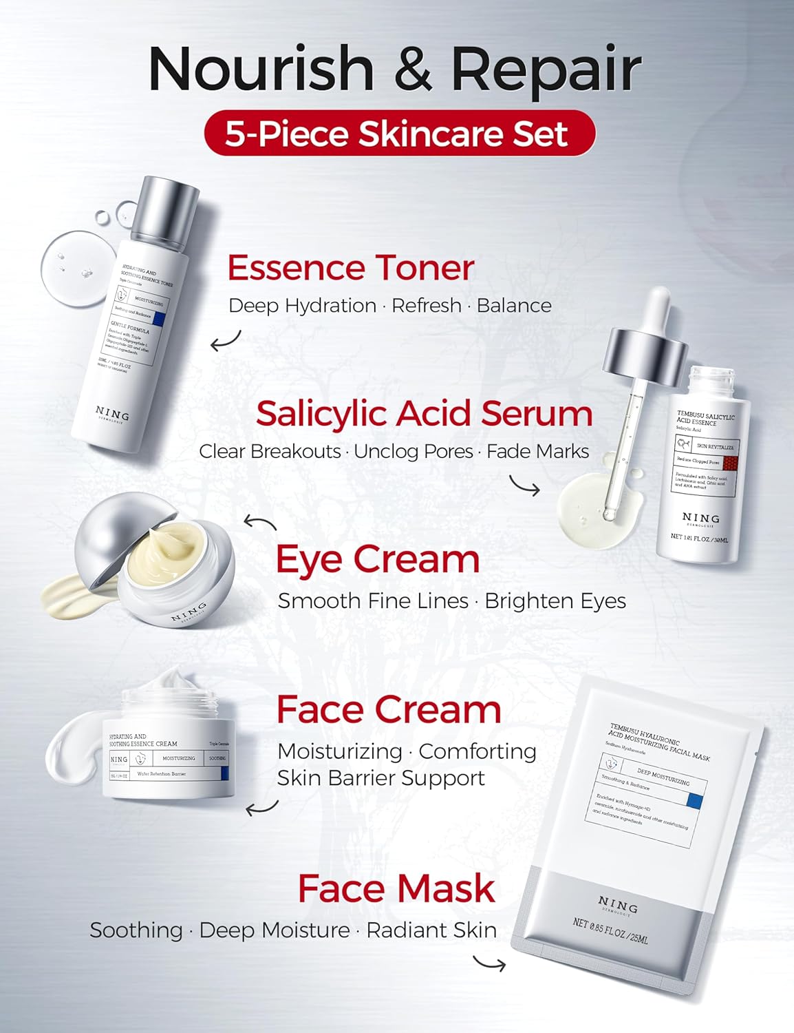 Skin Care Set – Tembusu Essence 8-Step Routine with Amino Cleanser Clay Mask Toner Salicylic Acid Serum Cream Eye Treatment – Hydrating Moisturizing Anti-Aging All Skin Types