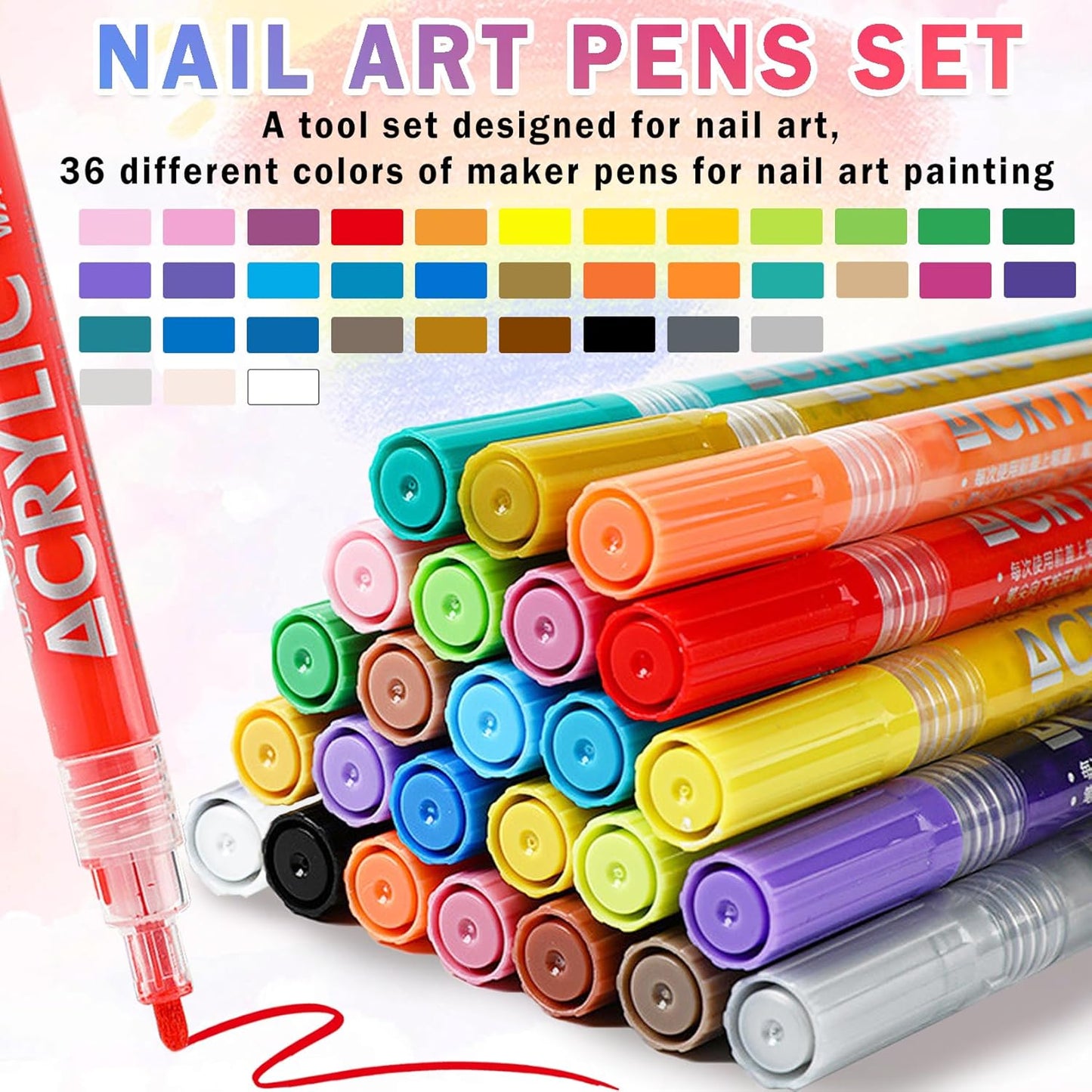36 Colors Nail Art Pens Set Nail Polish Pens Nail Art Drawing Graffiti Marker Pen Quick Dry Waterproof Nail Art Painting Pens Kit for Home DIY Nail Art Design