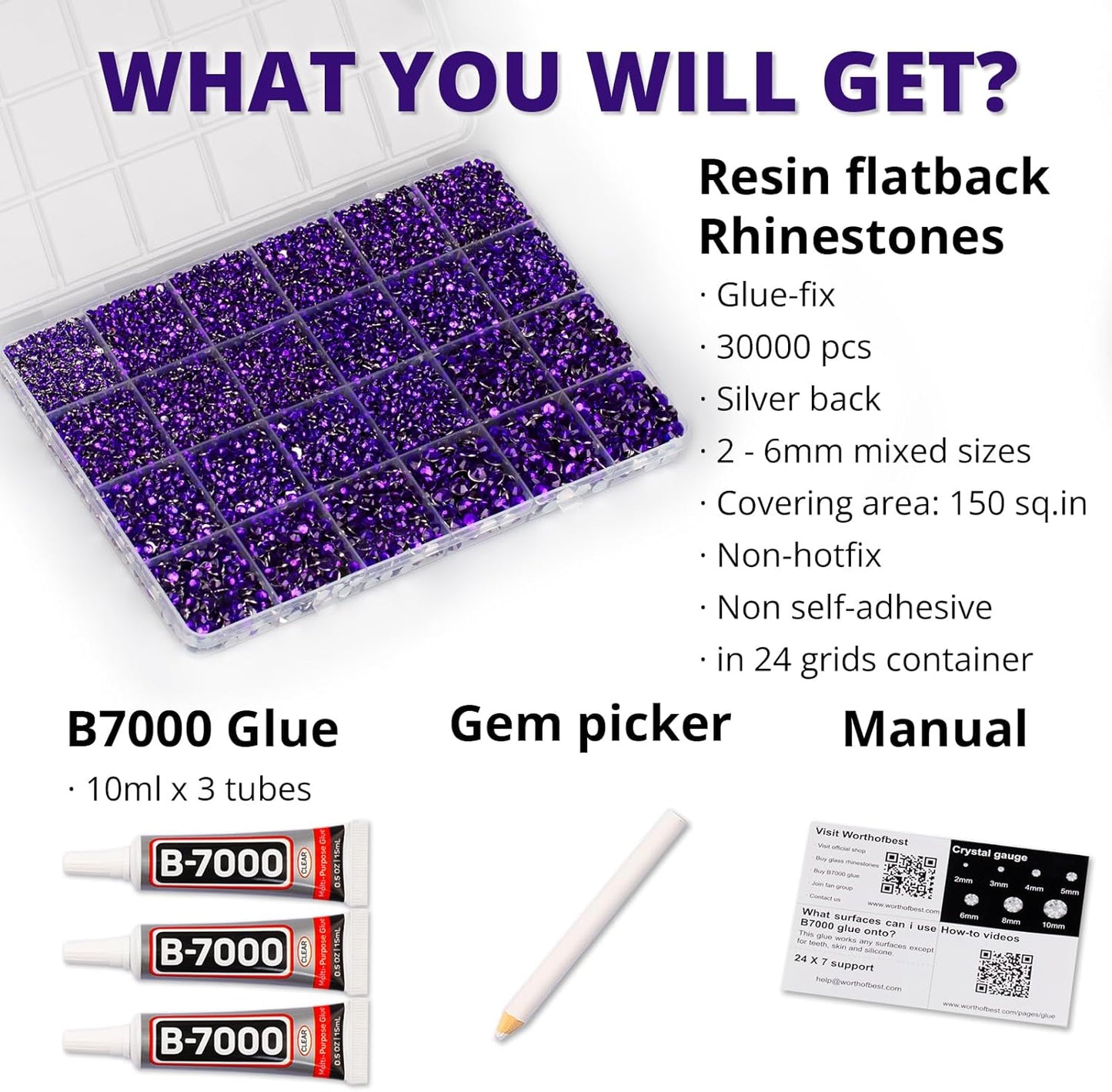 30000Pcs Resin Rhinestones for Crafting Bedazzling, Purple Flatback Gems Crystal for Crafts Clothing Clothes Shoes Fabric Tumbler Tshirt, Flat Back Jewels Bulk Multisized with b7000 Glue