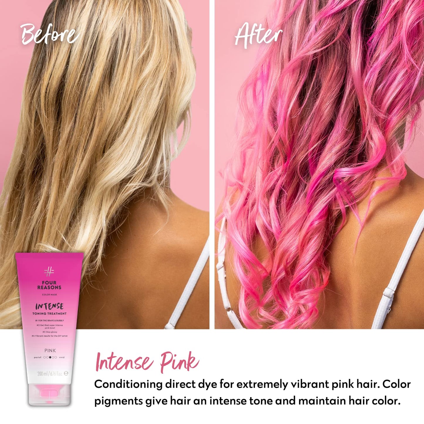 Four Reasons Color Mask INTENSE - Pink – (27 Colors) Intensive Toning Treatment - Color Depositing Conditioner – Semi Permanent Hair Dye for Lightened and Colored Hair– 100% Vegan, 6.76 fl oz